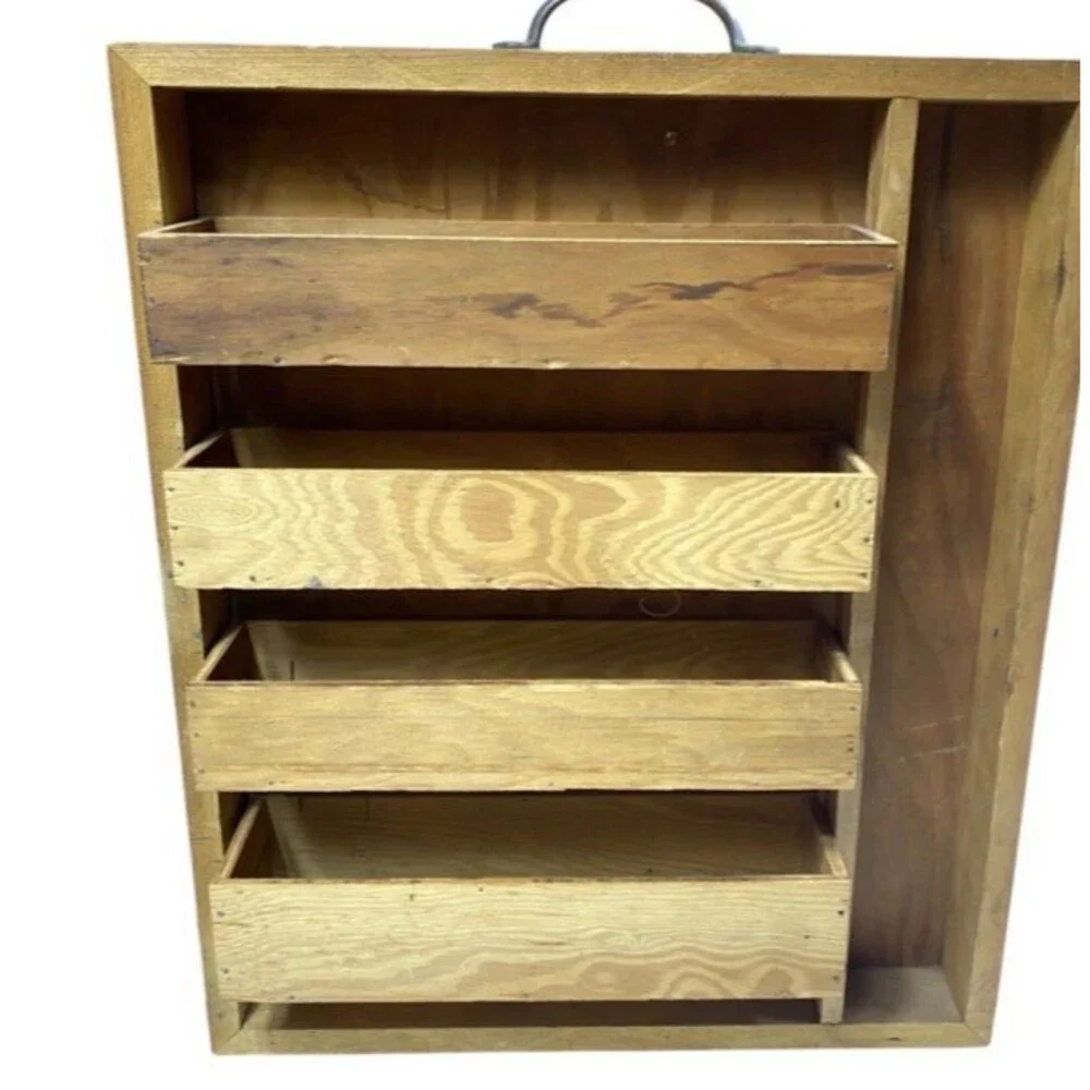 Vintage 1950s Portable Sewing Cabinet Box Folds Wooden‎ + 26 Threads w/Handle
